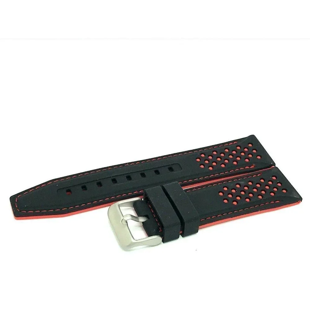 Men's Watch Band Replacement Black Red Rubber Strap 22mm Lug Silver Buck…